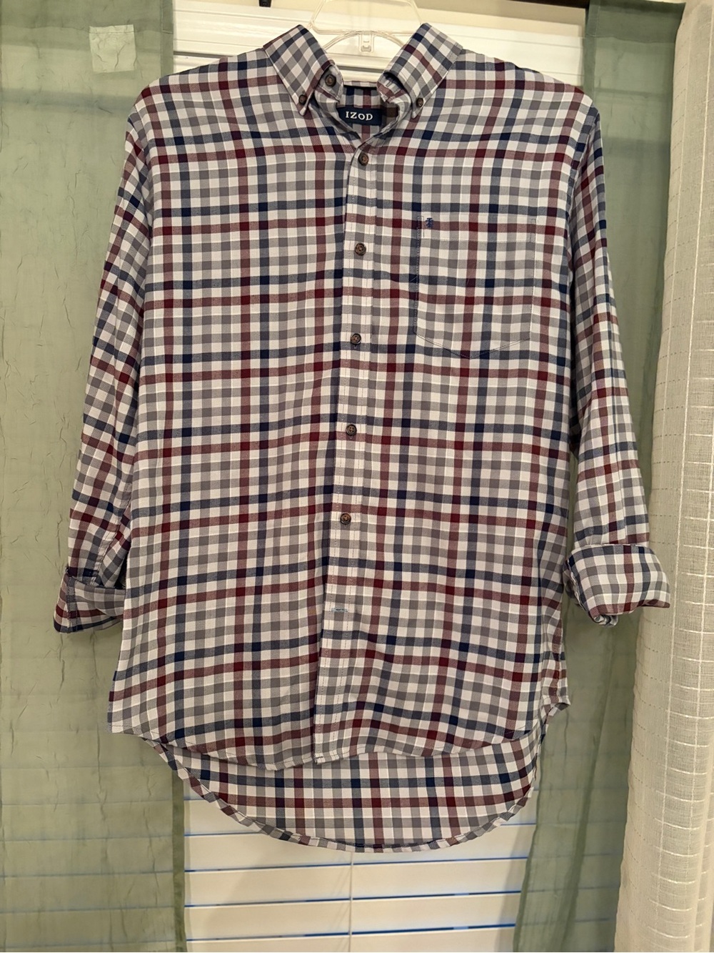 Izod Men's Button-Down Plaid Shirt in White, Navy & Burgundy